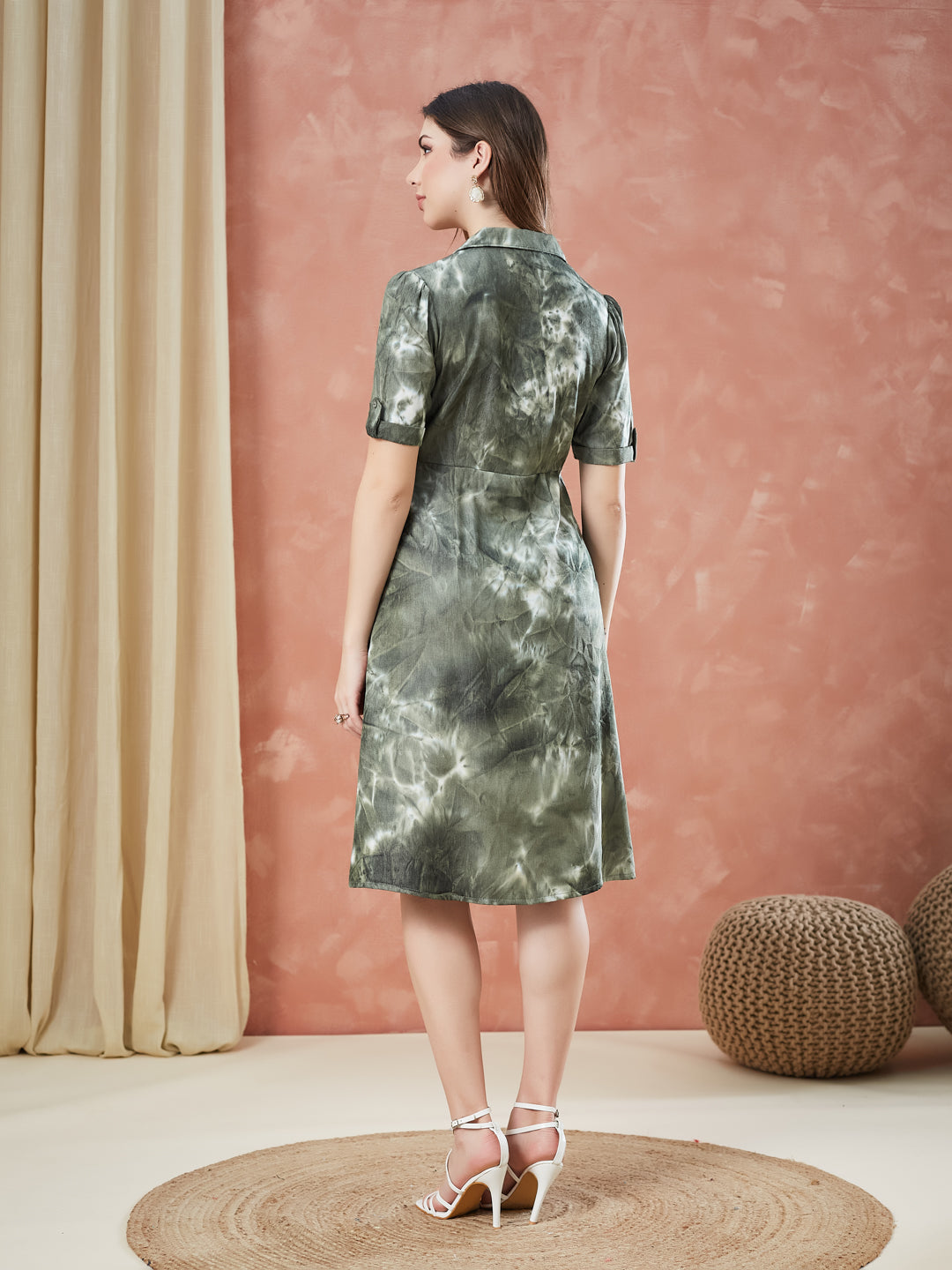 Latin Quarters Women's Green Half Sleeves Tie-Dye Collar Neck Casual Dress