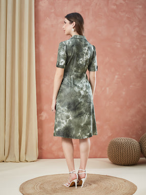 Latin Quarters Women's Green Half Sleeves Tie-Dye Collar Neck Casual Dress