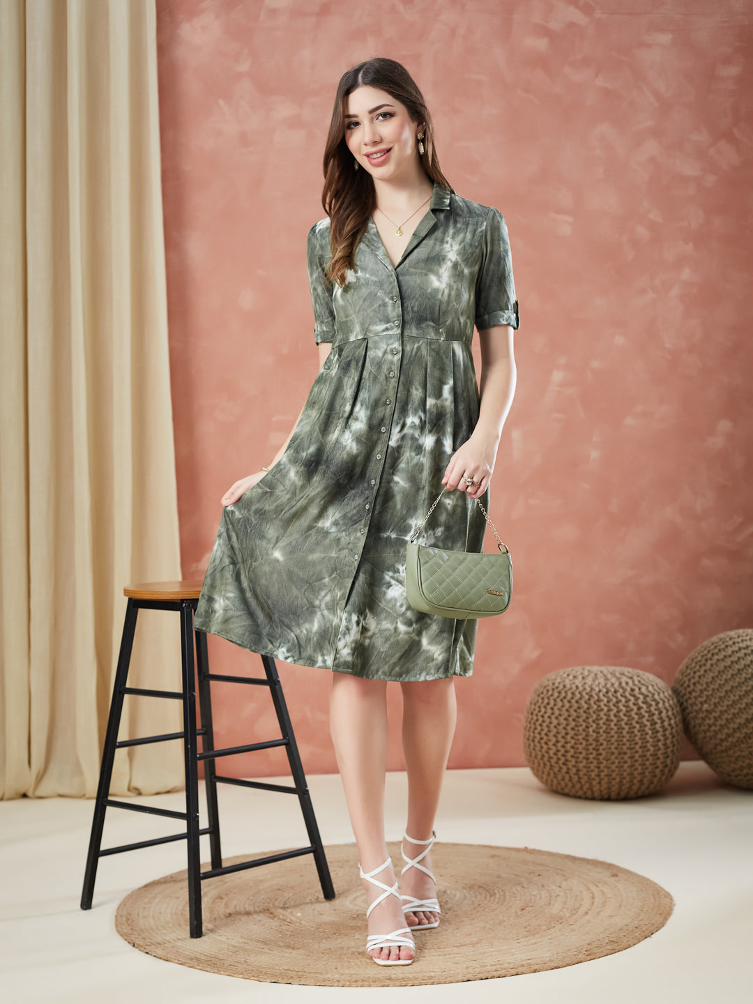 Latin Quarters Women's Green Half Sleeves Tie-Dye Collar Neck Casual Dress