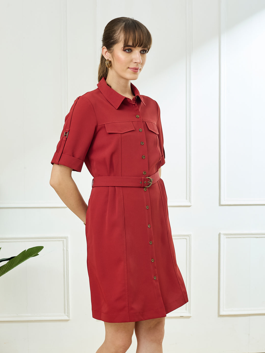 Latin Quarters Women's Maroon Half Sleeves Collar Neck Casual Solid Dress