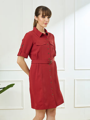 Latin Quarters Women's Maroon Half Sleeves Collar Neck Casual Solid Dress
