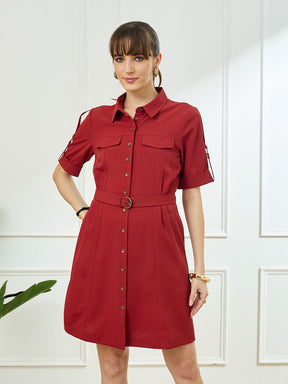 Latin Quarters Women's Maroon Half Sleeves Collar Neck Casual Solid Dress