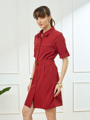 Latin Quarters Women's Maroon Half Sleeves Collar Neck Casual Solid Dress