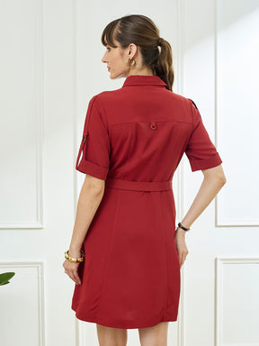 Latin Quarters Women's Maroon Half Sleeves Collar Neck Casual Solid Dress