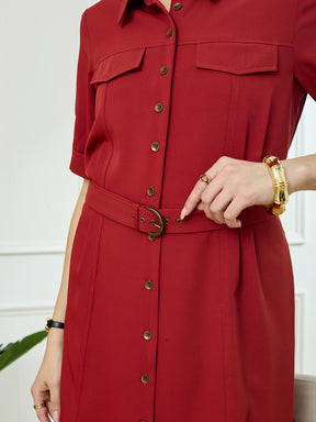 Latin Quarters Women's Maroon Half Sleeves Collar Neck Casual Solid Dress