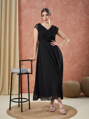 Latin Quarters Women's Black Cap Sleeves Sequin V-Neck Evening Dress