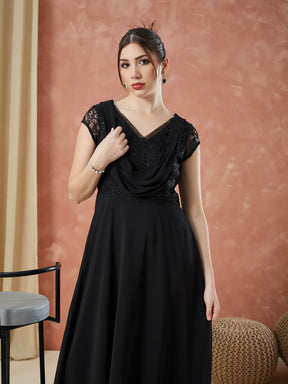 Latin Quarters Women's Black Cap Sleeves Sequin V-Neck Evening Dress