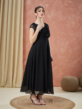 Latin Quarters Women's Black Cap Sleeves Sequin V-Neck Evening Dress