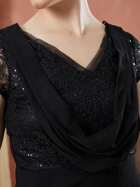 Latin Quarters Women's Black Cap Sleeves Sequin V-Neck Evening Dress