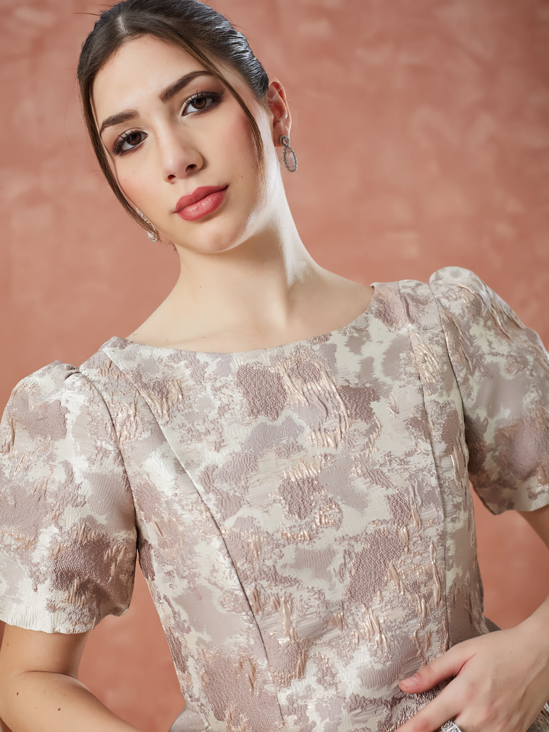 Latin Quarters Women's Beige Half Sleeves Round Neck Evening Dress