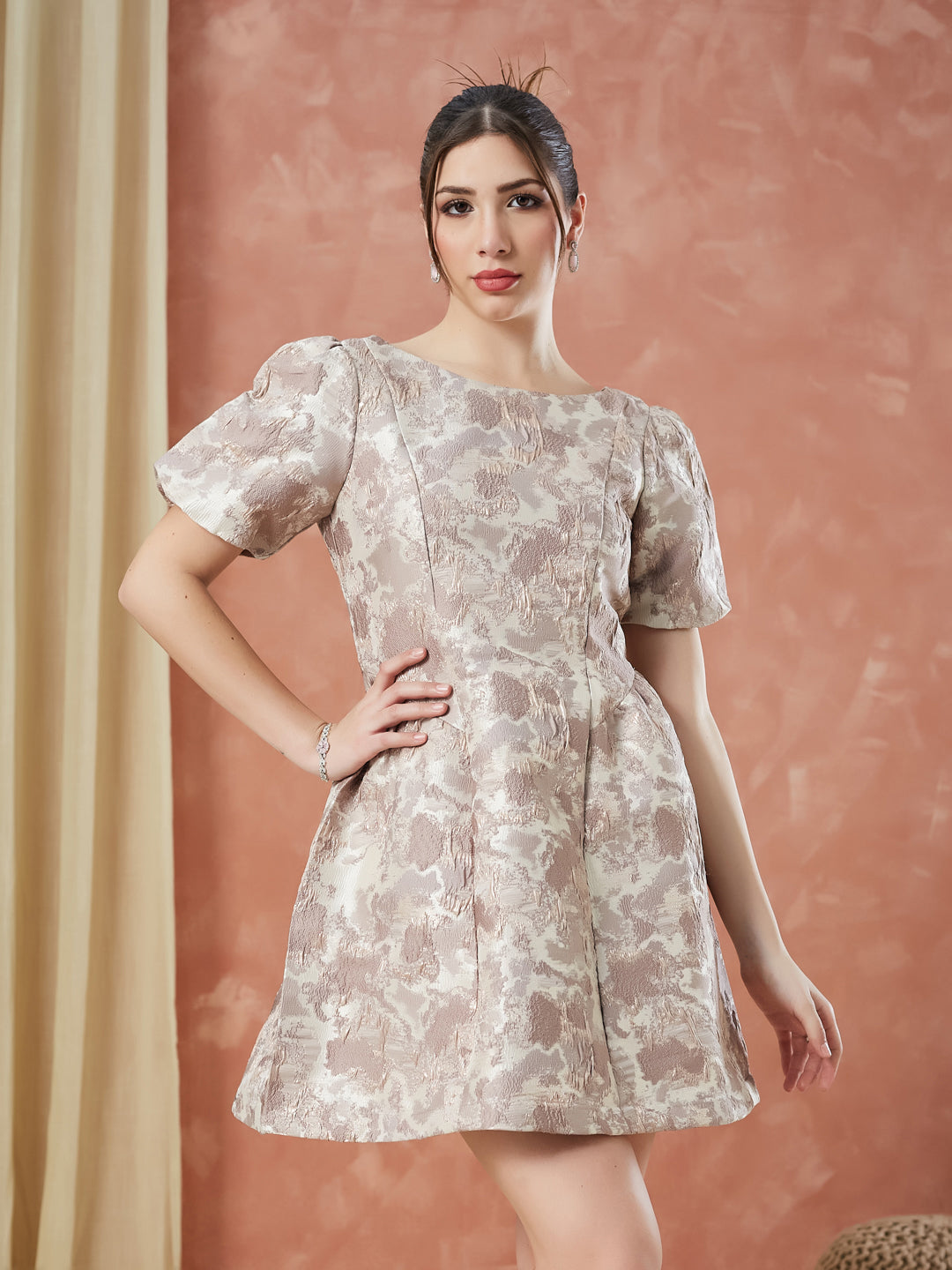 Latin Quarters Women's Beige Half Sleeves Round Neck Evening Dress