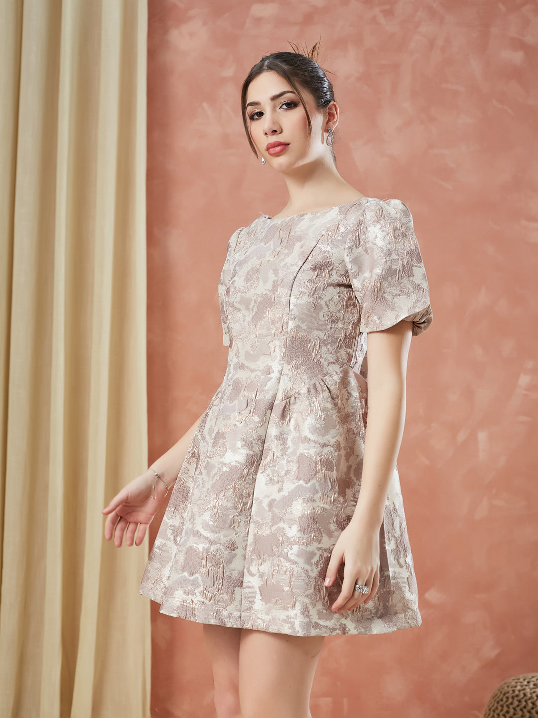 Latin Quarters Women's Beige Half Sleeves Round Neck Evening Dress