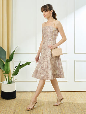 Latin Quarters Women's Beige Strappy Square Neck Party Self Design Dress