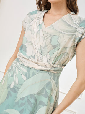 Latin Quarters Women's Green Cap Sleeves V-Neck Casual Printed Dress