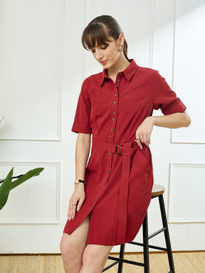 Latin Quarters Women's Maroon Half Sleeves Collar Neck Casual Solid Dress