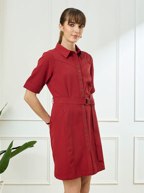 Latin Quarters Women's Maroon Half Sleeves Collar Neck Casual Solid Dress