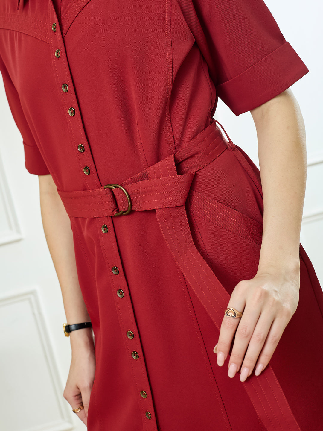 Latin Quarters Women's Maroon Half Sleeves Collar Neck Casual Solid Dress