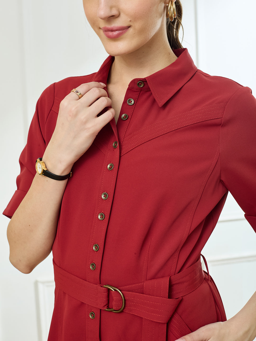 Latin Quarters Women's Maroon Half Sleeves Collar Neck Casual Solid Dress
