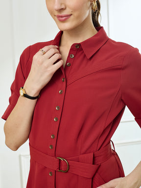 Latin Quarters Women's Maroon Half Sleeves Collar Neck Casual Solid Dress