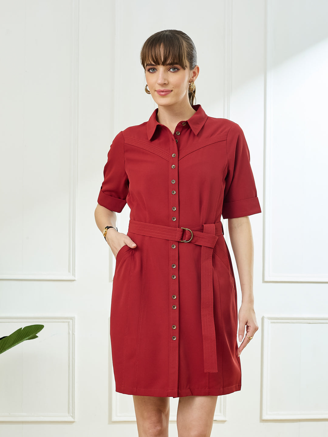 Latin Quarters Women's Maroon Half Sleeves Collar Neck Casual Solid Dress