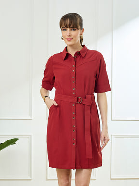 Latin Quarters Women's Maroon Half Sleeves Collar Neck Casual Solid Dress