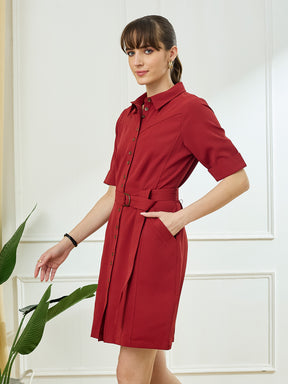 Latin Quarters Women's Maroon Half Sleeves Collar Neck Casual Solid Dress