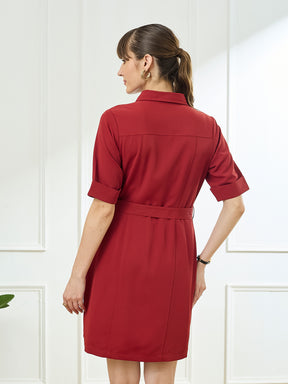 Latin Quarters Women's Maroon Half Sleeves Collar Neck Casual Solid Dress