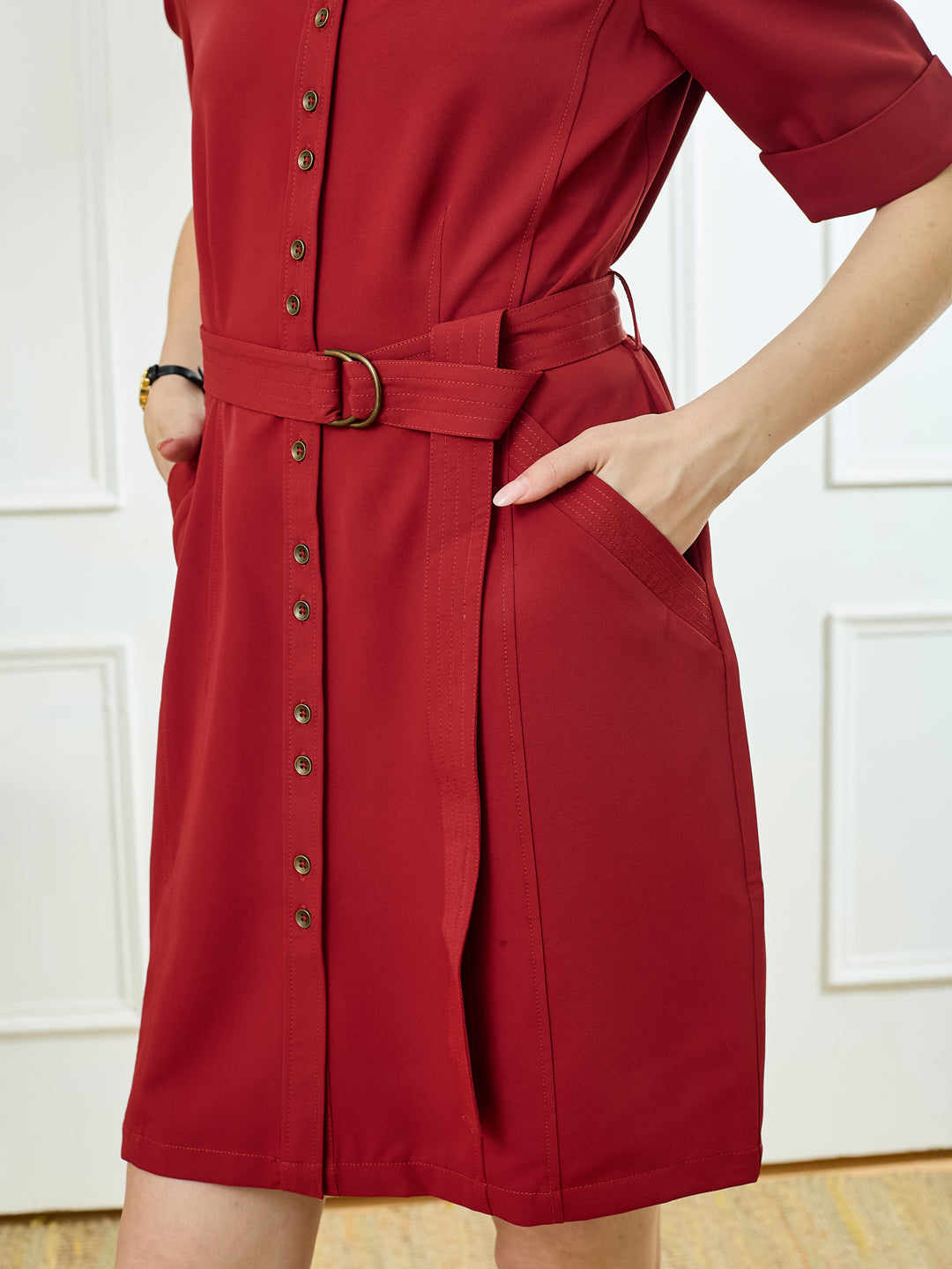 Latin Quarters Women's Maroon Half Sleeves Collar Neck Casual Solid Dress