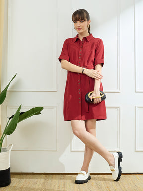 Latin Quarters Women's Maroon Half Sleeves Collar Neck Casual Solid Dress
