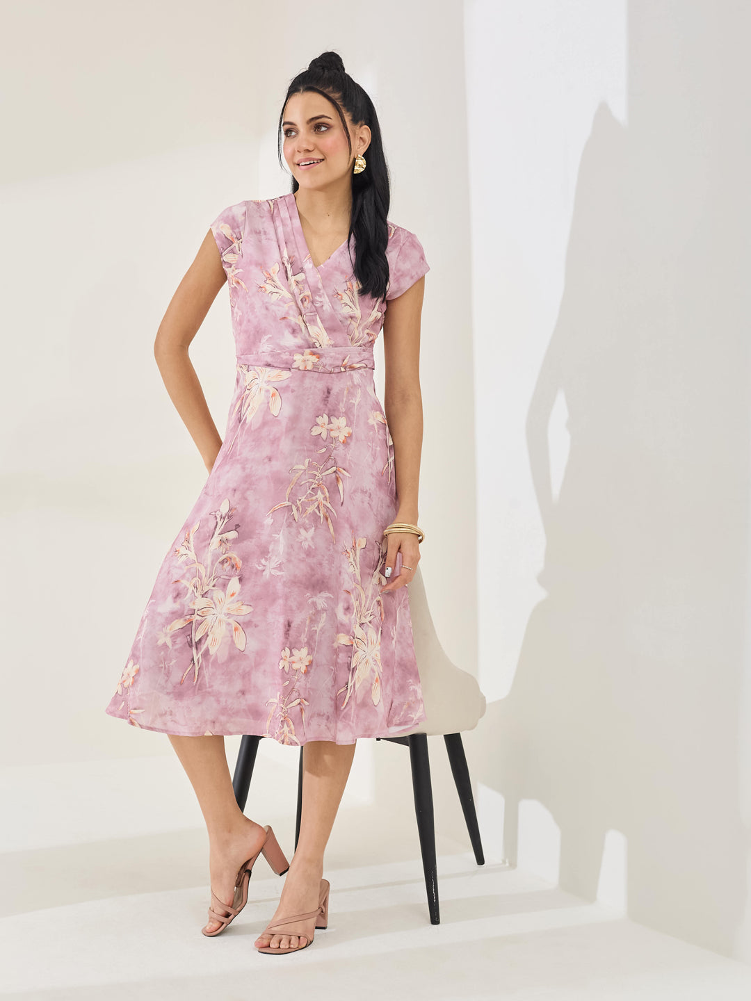 Latin Quarters Women's Pink Printed Cap Sleeve V-Neck Casual A-Line Dress