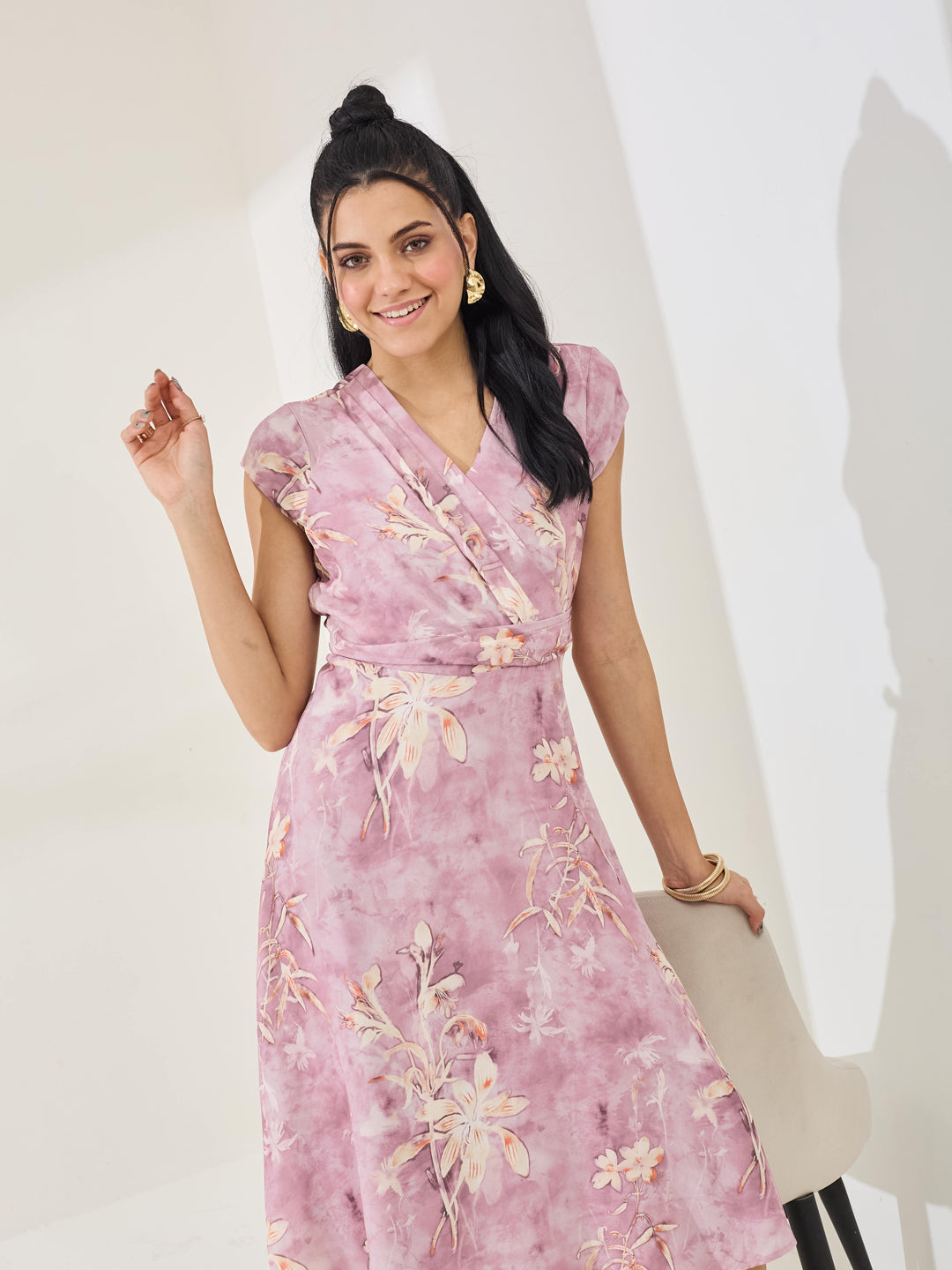 Latin Quarters Women's Pink Printed Cap Sleeve V-Neck Casual A-Line Dress