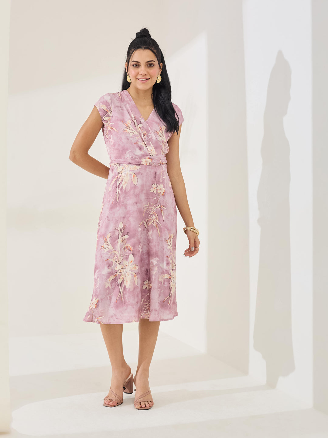 Latin Quarters Women's Pink Printed Cap Sleeve V-Neck Casual A-Line Dress