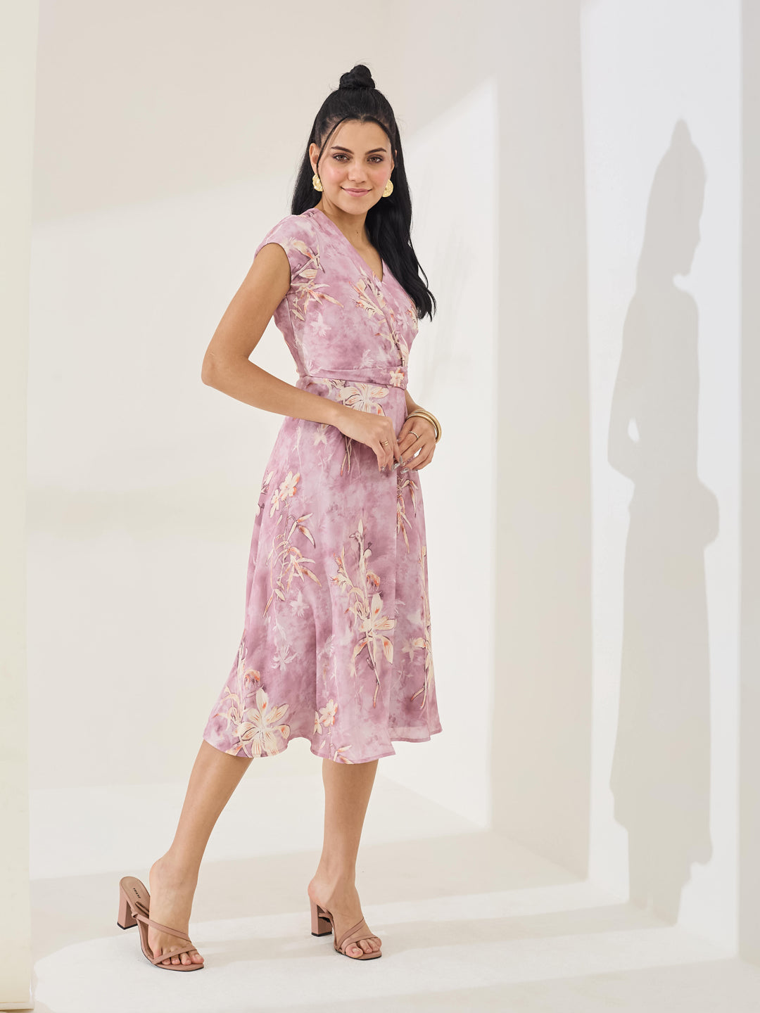 Latin Quarters Women's Pink Printed Cap Sleeve V-Neck Casual A-Line Dress