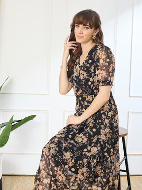Latin Quarters Women's Black Half Sleeves V-Neck Casual Printed Dress