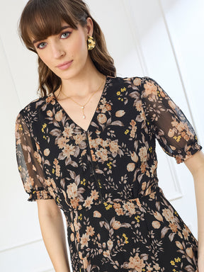 Latin Quarters Women's Black Half Sleeves V-Neck Casual Printed Dress