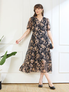 Latin Quarters Women's Black Half Sleeves V-Neck Casual Printed Dress