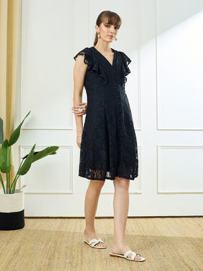 Latin Quarters Women's Black Cap Sleeves V-Neck Party Dress