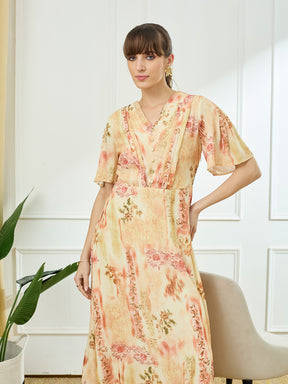 Latin Quarters Women's Yellow Half Sleeves V-Neck Casual Printed Dress