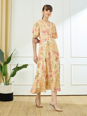 Latin Quarters Women's Yellow Half Sleeves V-Neck Casual Printed Dress