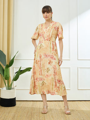 Latin Quarters Women's Yellow Half Sleeves V-Neck Casual Printed Dress