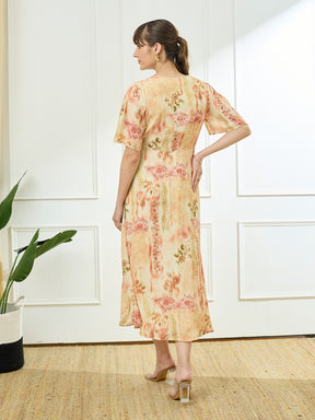 Latin Quarters Women's Yellow Half Sleeves V-Neck Casual Printed Dress