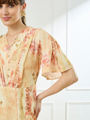 Latin Quarters Women's Yellow Half Sleeves V-Neck Casual Printed Dress