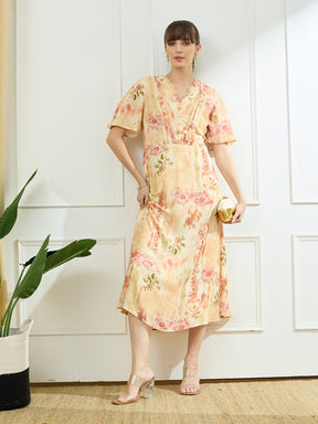 Latin Quarters Women's Yellow Half Sleeves V-Neck Casual Printed Dress