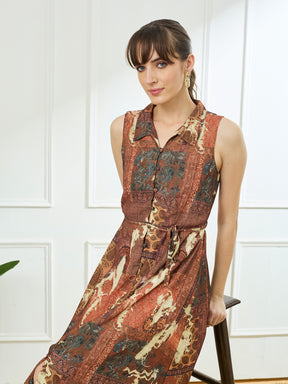 Latin Quarters Women's Rust Sleeveless Collar Neck Casual Printed Dress