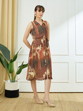 Latin Quarters Women's Rust Sleeveless Collar Neck Casual Printed Dress