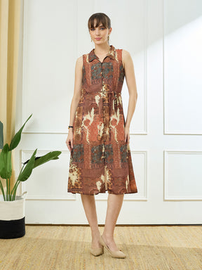 Latin Quarters Women's Rust Sleeveless Collar Neck Casual Printed Dress