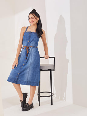 Latin Quarters Women's Blue Solid Strappy Square Neck Casual Shirt Dress