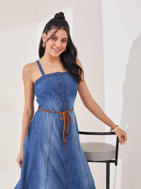 Latin Quarters Women's Blue Solid Strappy Square Neck Casual Shirt Dress