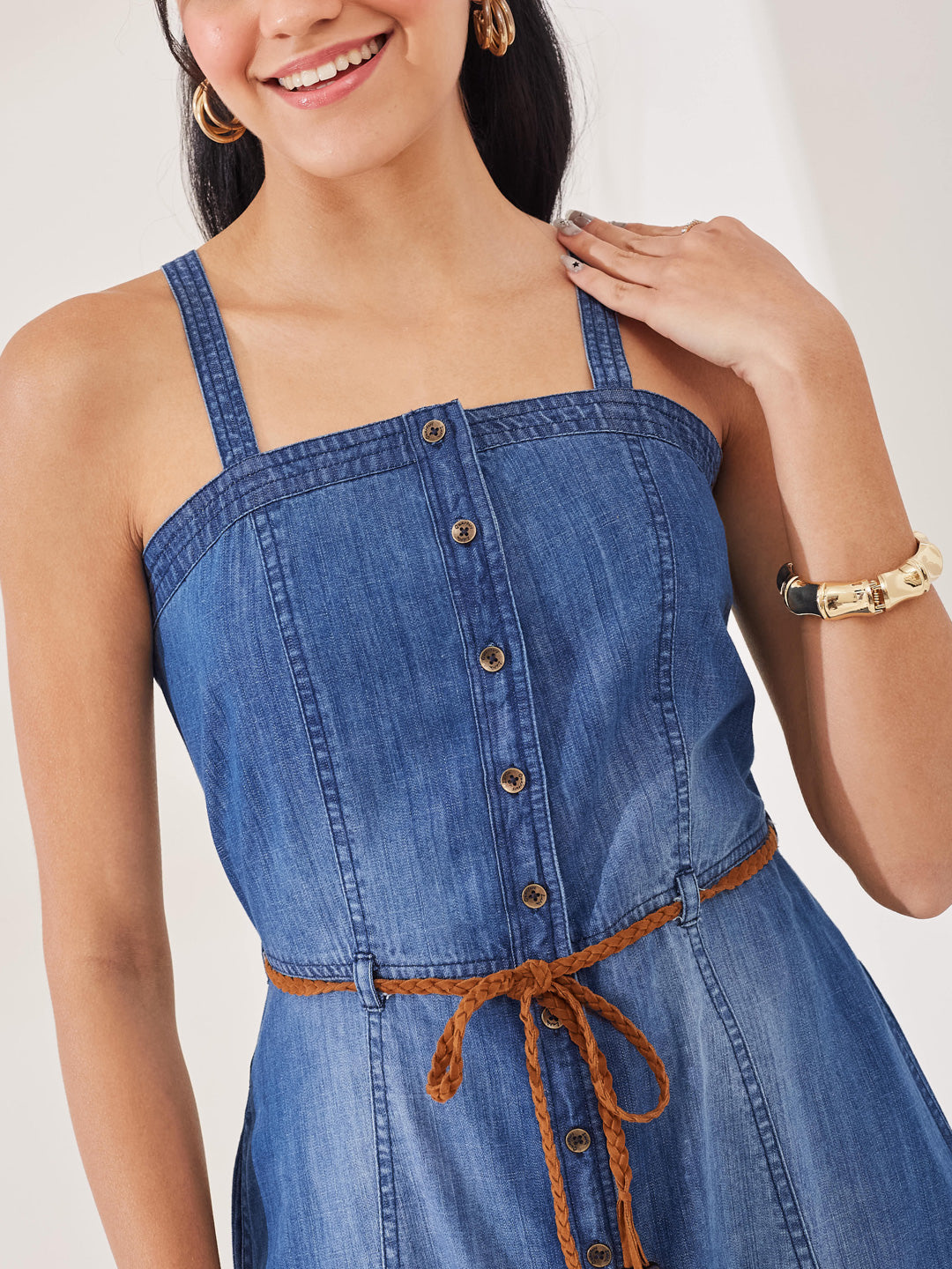 Latin Quarters Women's Blue Solid Strappy Square Neck Casual Shirt Dress