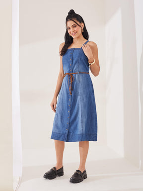 Latin Quarters Women's Blue Solid Strappy Square Neck Casual Shirt Dress